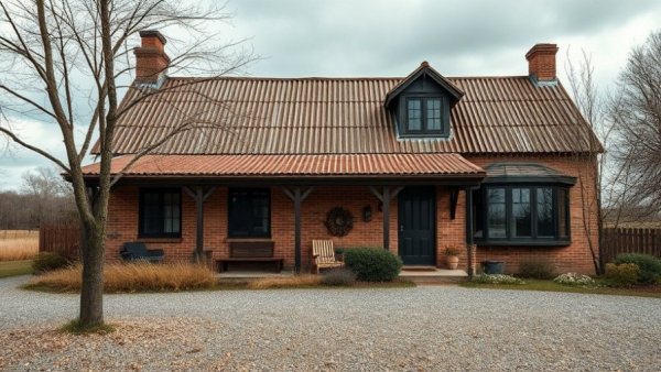 Charming rustic home exterior with brick and corrugated roof.