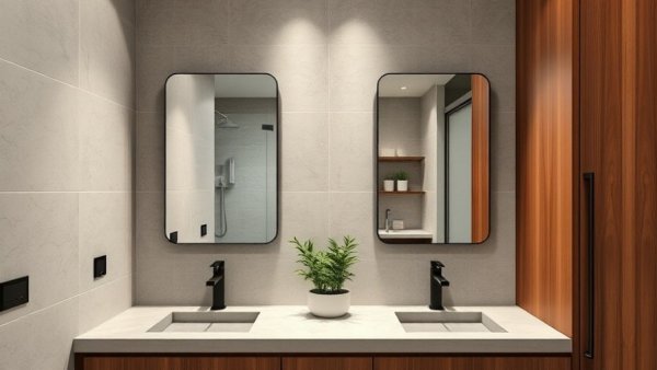Modern bathroom remodeling with dual mirrors and wooden cabinets.