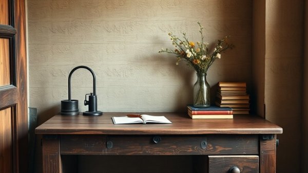 Cozy vintage desk setup in a minimalist nook with flowers.