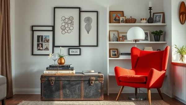 Modern living room with red chair and vintage decor