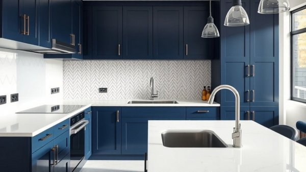 Modern kitchen design with dark blue cabinets and white countertop, showcasing kitchen remodeling colors 2026.
