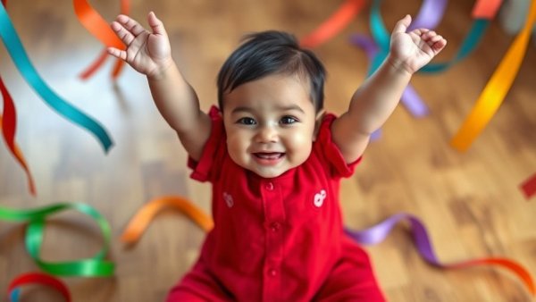 Adorable baby playing with colorful ribbons, smiling happily.