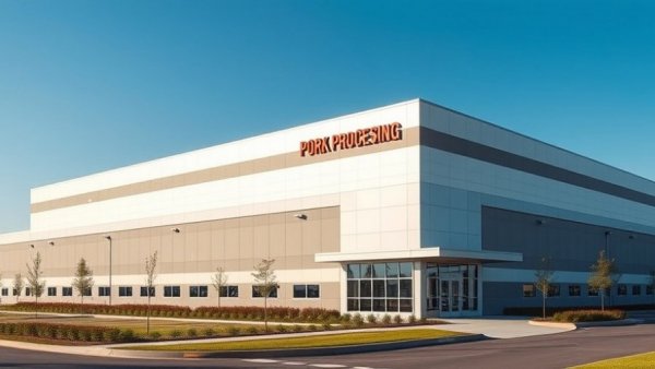 Modern pork processing plant under clear sky, showcasing investment potential.