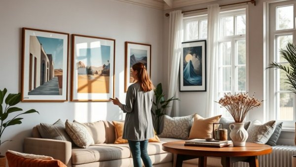 Cozy home art display with woman admiring painting.
