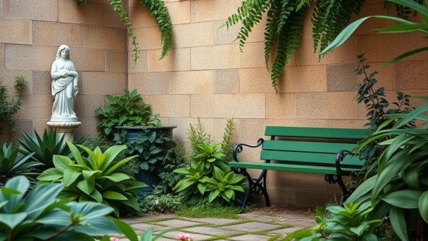 Romantic garden setting with lush plants and a classical bust, perfect for Valentine's Day.