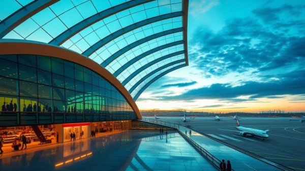 Futuristic airport terminal depicting AECOM TomTom partnership location tech.