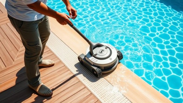 Professional Pool Cleaning in Austin with robotic cleaner and clear water.