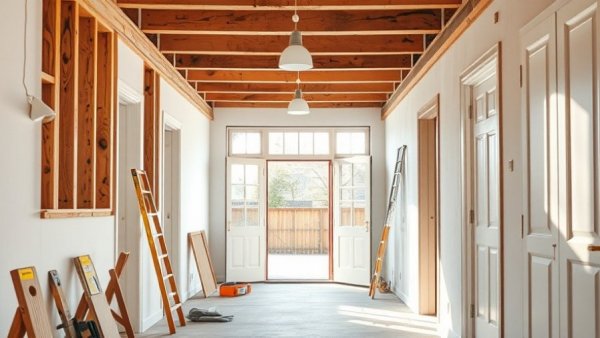 Home remodeling scene with exposed beams and tools in a hallway.