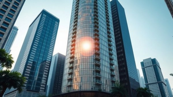 Modern skyscraper reflecting sunlight surrounded by cityscape and trees.