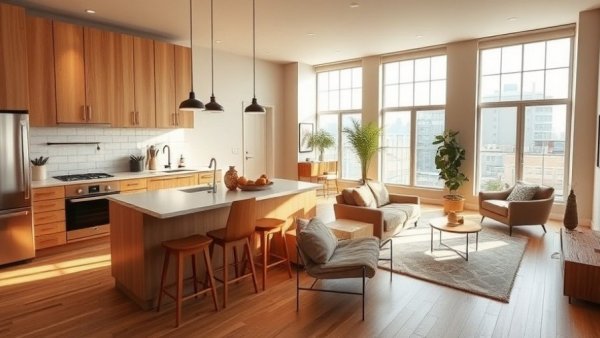 Modern urban kitchen remodeling in an apartment, warm design.