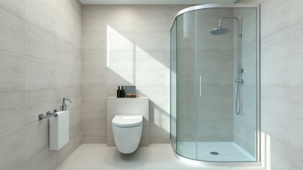 Modern bathroom design with wall-mounted toilet and shower
