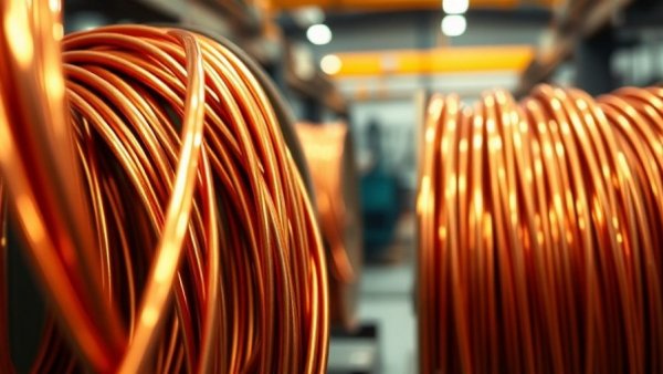 Shiny copper wires in an industrial setting, reflecting light.