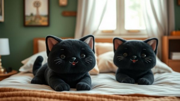 Quality home products cat plush pillows on bed.