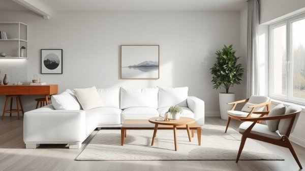 Modern living room mixing leggy and chunky furniture.