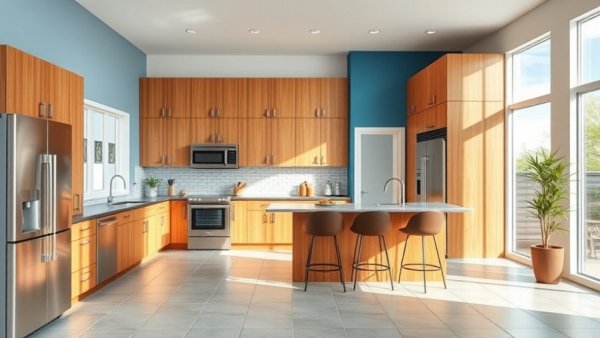 Spacious kitchen with wooden cabinets and stainless appliances, remodeling focus.