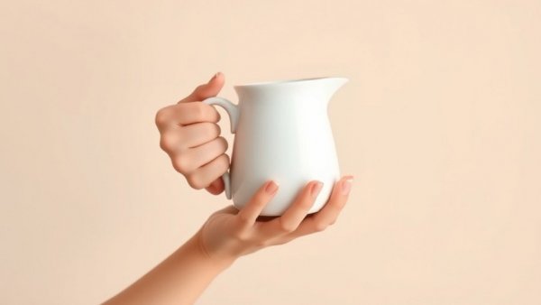 Minimalist hand holding a ceramic pitcher, neutral background.