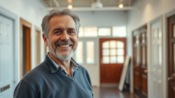 Man smiling in a doorway showroom, emphasizing choosing a new front door.