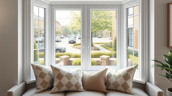 Modern bay window with stylish decor showing UK garden view.
