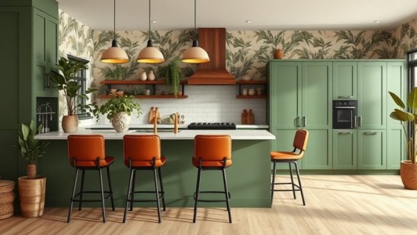 Beautiful biophilic kitchen design with green cabinets, brown bar stools.