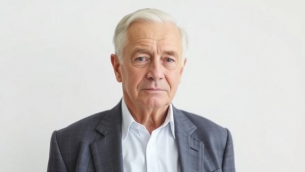 Elderly man in a suit with neutral expression, public transit investment concept.