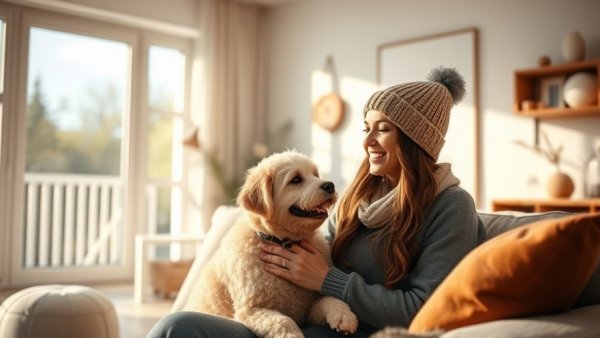 Family-friendly home design with woman and dog in cozy living room.