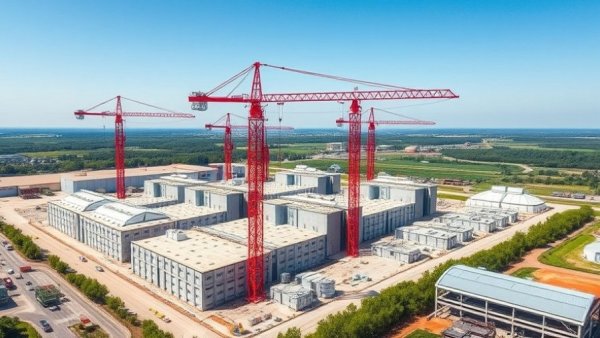 Aerial view of modular data center construction with cranes on a sunny day.