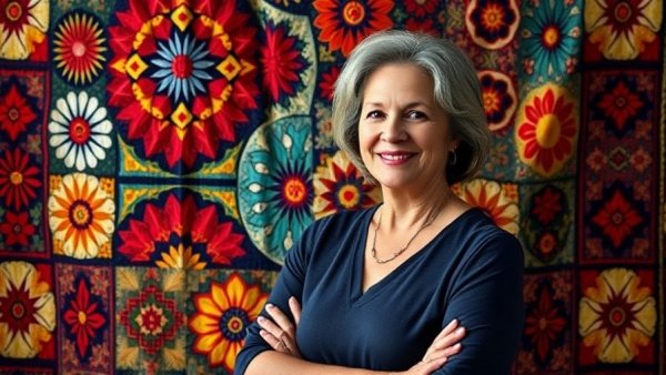 Smiling woman in front of a quilt wall.