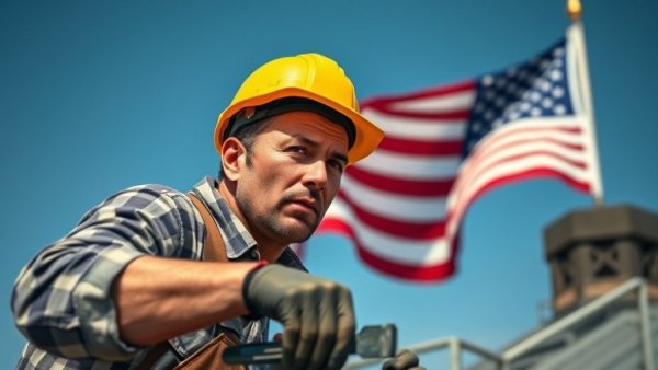 Construction worker on rooftop with American flag in background.