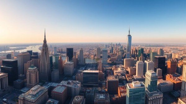 Aerial view of cityscape with river and skyscrapers, showcasing urban life.