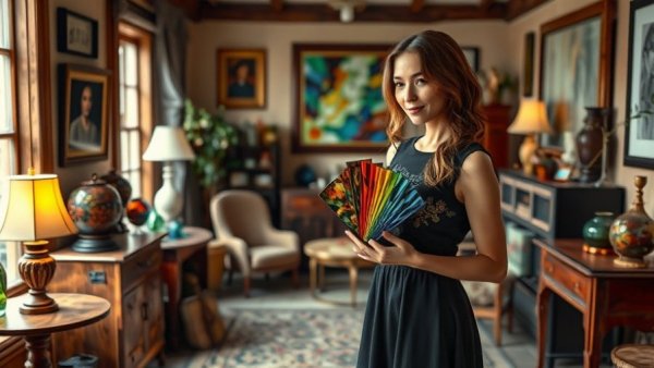 Woman examines glass samples in art-filled room for stained glass door patterns.