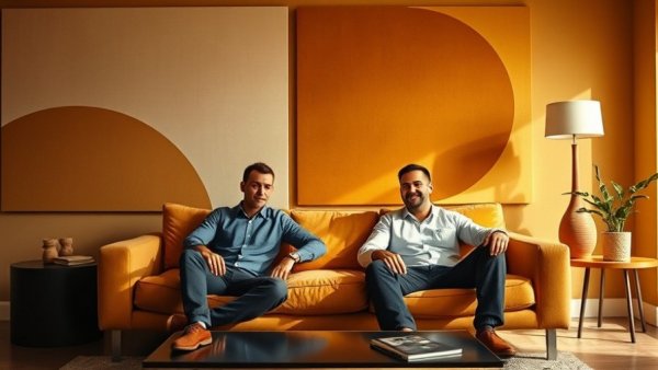 Modern retro living room with geometric design and seated men.