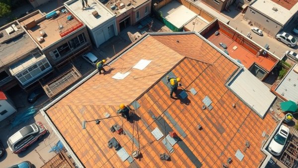 Aerial view of construction workers installing roofing materials.