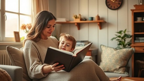 Cozy quiet design trend interior, woman reads to child.
