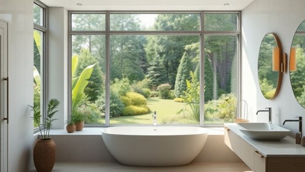 Elegant bathroom remodeling with large windows and stylish fixtures