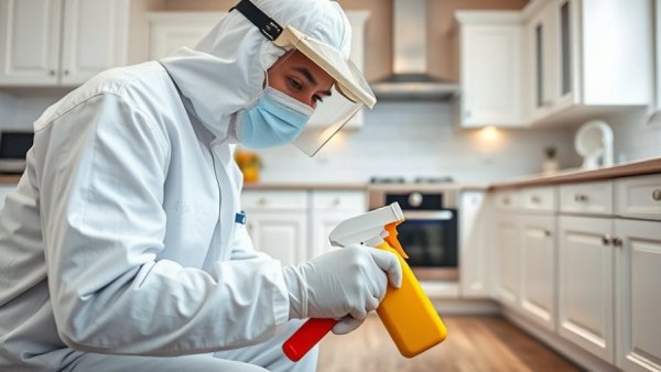 Pest control technician applying treatment in a kitchen.