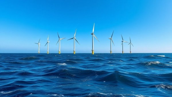Offshore wind turbines standing in the ocean under a clear blue sky.