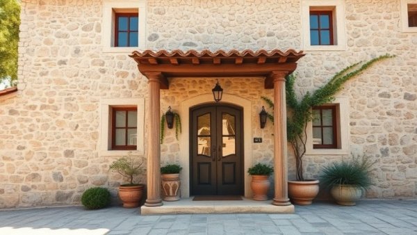 Serene stone house facade with rustic charm.
