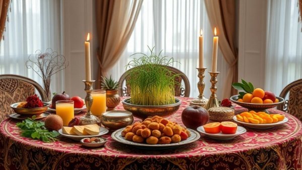 Decorative Haft-Sin table for Persian New Year with symbolic items.
