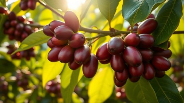 Close-up of coffee cherries on plant branch in sunlight