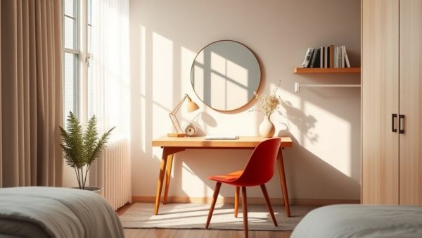 Minimalist bedroom corner with desk and mirror, serene atmosphere.