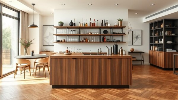 Stylish home beverage station with modern wooden table and open shelving.