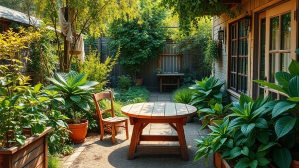 Charming garden setting with rustic table for Easter gathering.