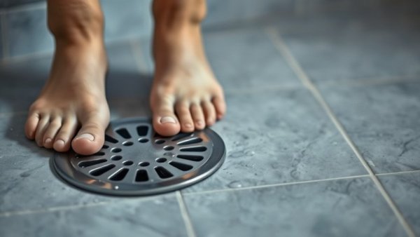 Close view of feet near shower drain.