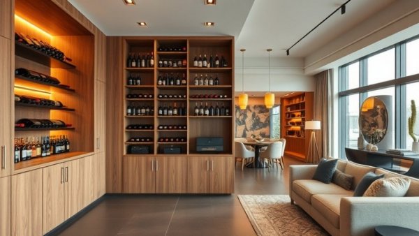 Stylish modern wine display with elegant home interior