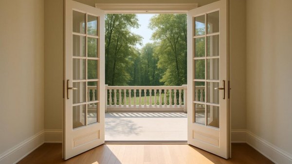 Elegant hinged French doors for indoor-outdoor living open to scenic view.