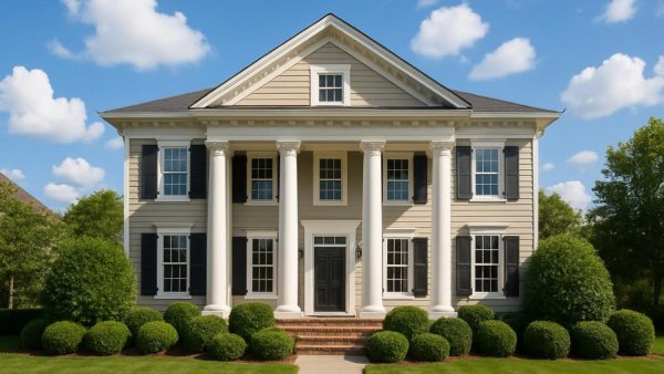 Elegant Cape Coral home with manicured lawn and blue sky.