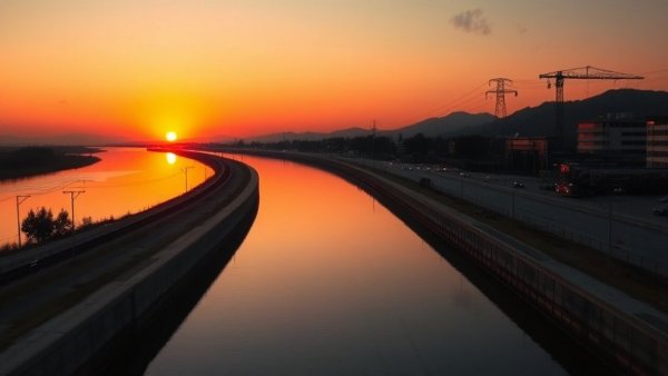 Sunset over calm canal reflecting sky for water infrastructure funding.