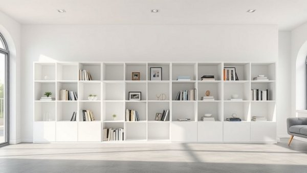 Minimalist wall-mounted shelving system with decor in a modern room.
