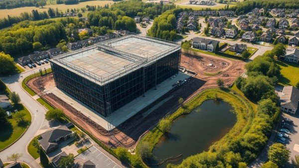Aerial view of data center construction slowdown near suburban homes and greenery.