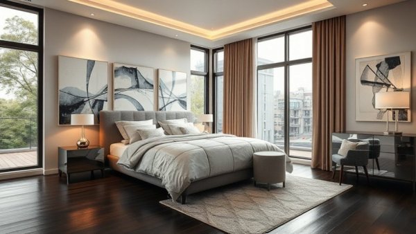 Modern bedroom interior with elegant decor for soundproofing a room.